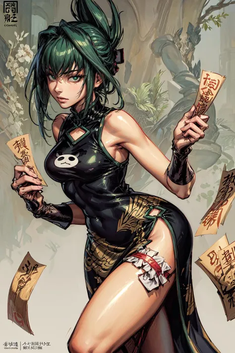 thick outlines, comics, photorealistic, 1girl, solo, (holding ofuda:1.1), dynamic pose, <lora:tao_jun_v1:0.7>, tao jun, green eyes, china dress, chinese clothes, black dress, green hair, side slit, folded ponytail, animal print, chinese temple, detailed background, detailed face, detailed eyes, <lora:add_detail:0.7>