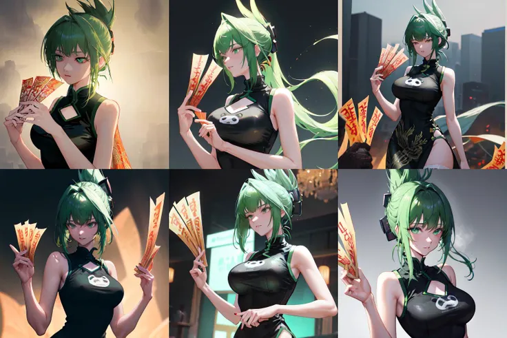 masterpeice, best quality, highres, 1girl, solo, china dress, chinese clothes, dress, green hair, side slit, breasts, black dress, folded ponytail, green eyes, animal print, tao jun, large breasts, outdoors, cowboy shot, <lora:taoJunSHAMANKING_v1:0.7>, (holding ofuda:1.1), extremely detailed cg unity 8k wallpaper, cinematic detailed realistic background, masterpiece, best quality, highres, delicate, masterpiece, beautiful detailed, colourful, finely detailed, intricate details, ultra-detailed, dynamic light, epic lighting