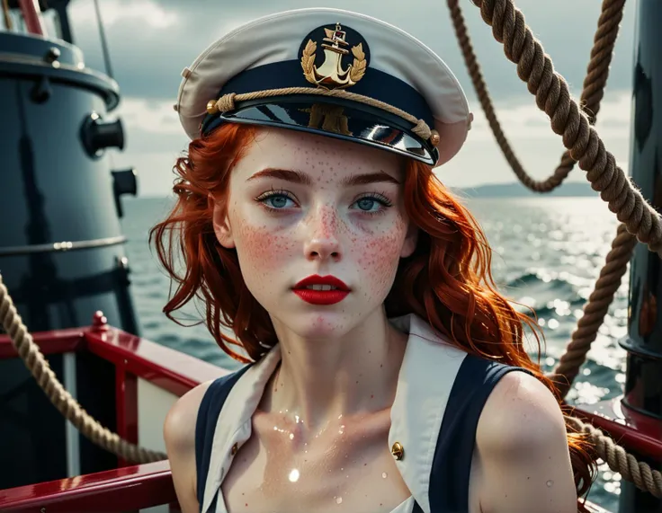 hyperrealistic photo of a beautiful Irish Girl, Late teens, with pale skin sprinkled with freckles, and fiery red hair that's usually in a tousled mane. She is of medium height with a lithe figure, and her eyes are a piercing blue, reminiscent of the Irish sea., wearing (A navy blue, form-fitting uniform with a flared skirt and brass buttons running up the front, paired with a white sailor's cap and red lipstick, capturing the essence of classic 1940s pin-up. Set on the deck of a vintage naval ship with large guns and heavy ropes, the ocean in the background is calm and the sky is clear, adding a tranquil but powerful feel to the scene) , (<lora:casting shadow style v2:1> casting shadow style, cucoloris patterned illumination), <lora:sd_xl_dpo_turbo_lora_v1-128dim:0.9> , Slight ripples on water surfaces, suggesting a breeze that is felt rather than seen, Photorealistic, absurdres, photo,, perfect composition,masterpiece,best quality, atmospheric haze, Film grain, cinematic film still, shallow depth of field, highly detailed, high budget, cinemascope, moody, epic, OverallDetail, gorgeous, photorealistic, eye catchlights, atmospheric lighting, skin pores, imperfections, natural, shallow dof