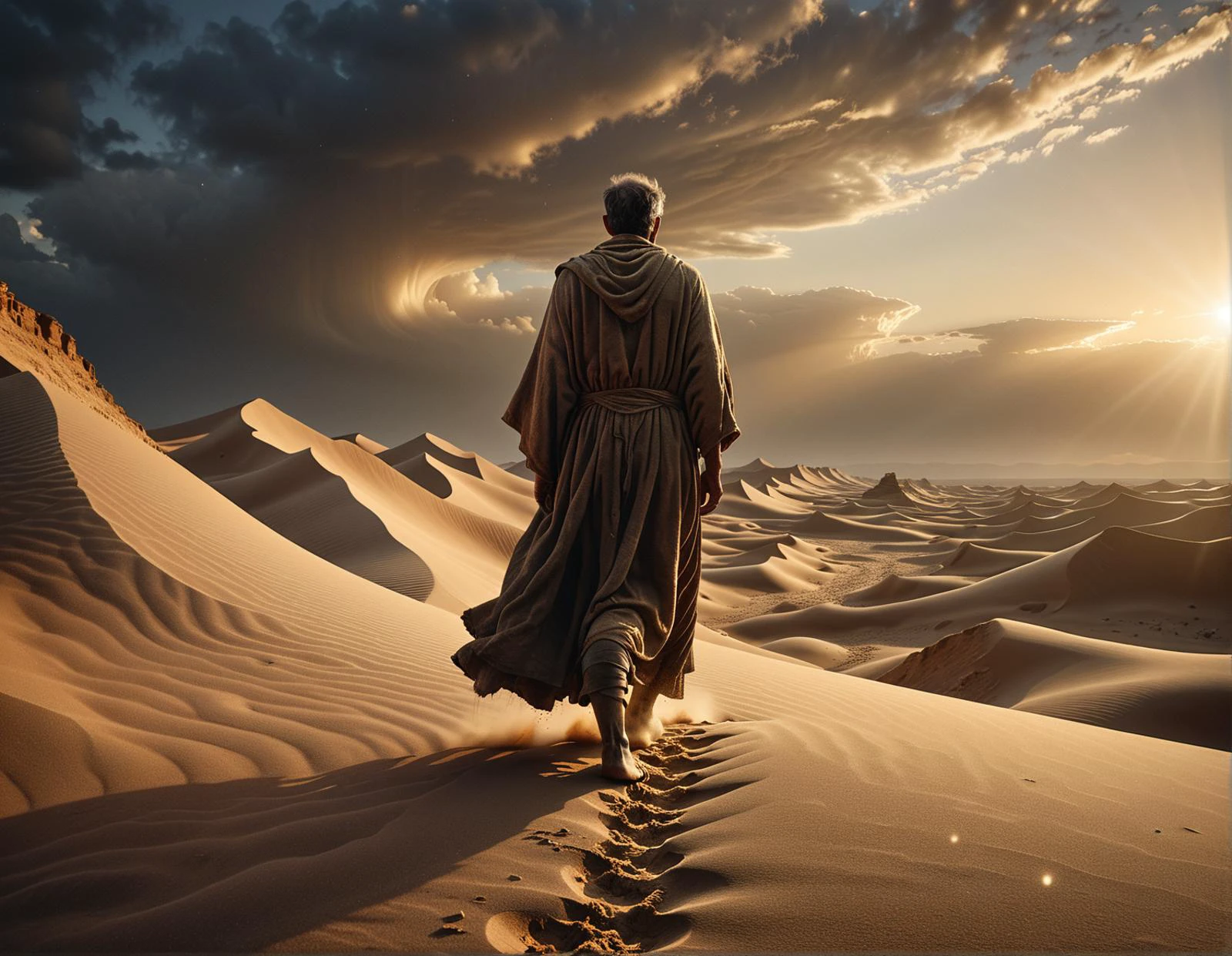 photorealism, intricate details, extremely detailed, masterpiece, outstanding intricacies, best quality, hires textures, high detail, incredibly detailed, cinematic lighting, A vast desert at twilight, where a solitary figure walks toward the horizon where a faint glow of gold emanates from beneath the sands. The sky above is a tumult of dark clouds and the wind carries whispers of past civilizations. The figureâs journey across the sands is a metaphor for life's journeyâsolitary, endless, and with only fleeting glimpses of beauty and meaning in the form of the mysterious golden light., <lora:Ghostly_Style_SDXL:0.3> ais-ghostly, <lora:sdxl:0.3>, <lora:The_Dark_Side_of_the_Earth:0.4> ,(cinematic vintage portrait; dramatic focused lighting, soft shadows; classic film mood; elegant, expressive; introspective narrative; dark background, single light source; stark contrast; rich, rim light, moody atmosphere; deep shadows, warm highlights; classic Zeiss 135mm f2 lens; large softbox; Sony a7RIII)}, Tiny, almost imperceptible raindrops suspended in the air, catching light but not wetting surfaces, <lora:sd_xl_dpo_lora_v1:0.5>, <lora:sd_xl_dpo_turbo_lora_v1-128dim:0.4>, Photorealistic, absurdres, photo,
