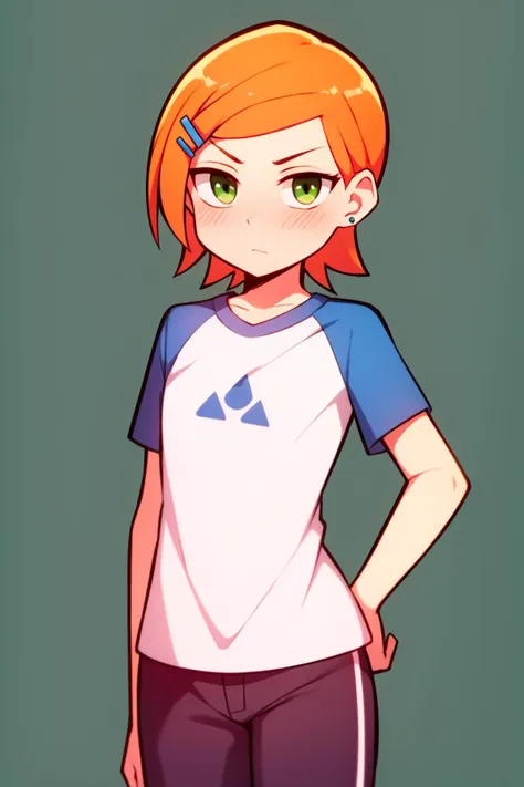 ((masterpiece)), (best quality), 
1girl, gwendolyn, orange hair, (green eyes), short hair,  blue_shirt, _background, blush, cowboy_shot, earrings, eyebrows_visible_through_hair, green_eyes, hair_ornament, hairclip, hand_on_hip, hoshizora_rin, jewelry, looking_at_viewer, orange_hair, pants, raglan_sleeves, shirt, short_hair, short_sleeves, solo, t-shirt, white_shirt
<lora:GwendolynTennyson_v0.1-000005:0.8>
<lora:sd_1_5_dpo_lora_v1-128dim:1> <lora:GoodHands-beta2:1.2>
<lora:DarkSky Diffusion v1:0.6>