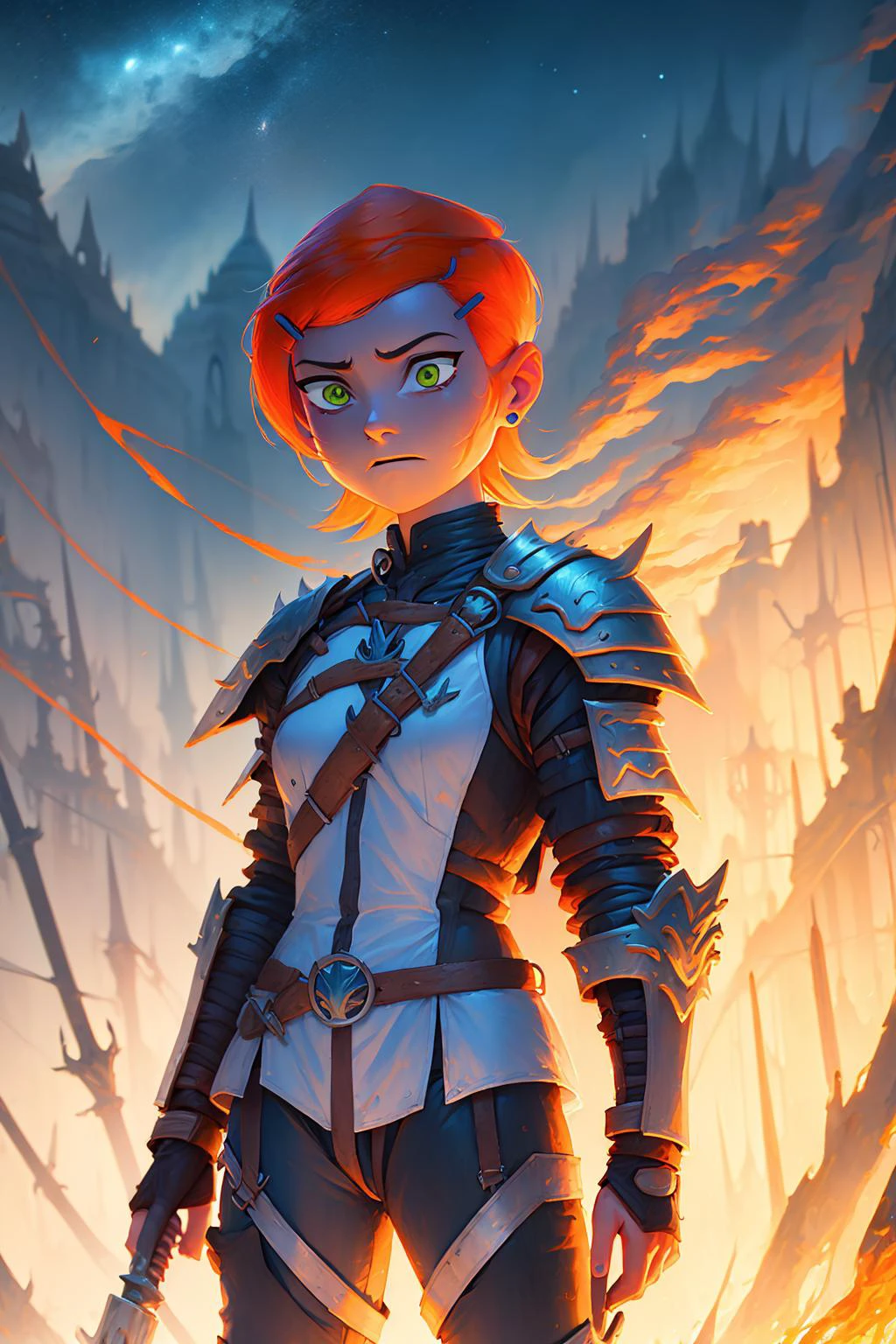 ((masterpiece)), (best quality),
<lora:gwen-09:1> Gwen Tennyson,
Gwendolyn_Tennyson, 1girl, solo, (hairclip), standing, armor, fantasy, outdoors, night, stars, Lava Background, Very Short Hair,Braided Buns,gray Flight Jacket,viridian Parachute Pants,Overwatch,Witch Robe , <lora:closedmouth_type2_v100:0.8>, closed mouth,
<lora:sd_1_5_dpo_lora_v1-128dim:1> <lora:GoodHands-beta2:1.2> <lora:Gwen-10:0.8>
<lora:body_size_control_V2:-3> <lora:5shot:1>