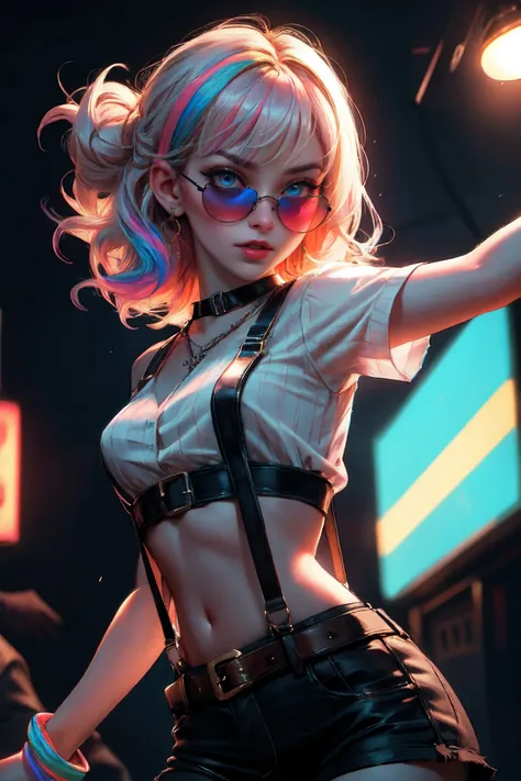 (best quality, masterpiece:1.2), ultra high res, front lighting, intricate detail, Exquisite details and textures, (beautiful detailed eyes), (beautifully detailed face), (detailed skin:1), absurdres, cinematic lighting, cinematic angle, dynamic pose,
grunge girl, pale skin, suspenders, midriff, belted, sunglasses, neon lights, club scene, multicolor hair, motion, dance pose, wispy hair,