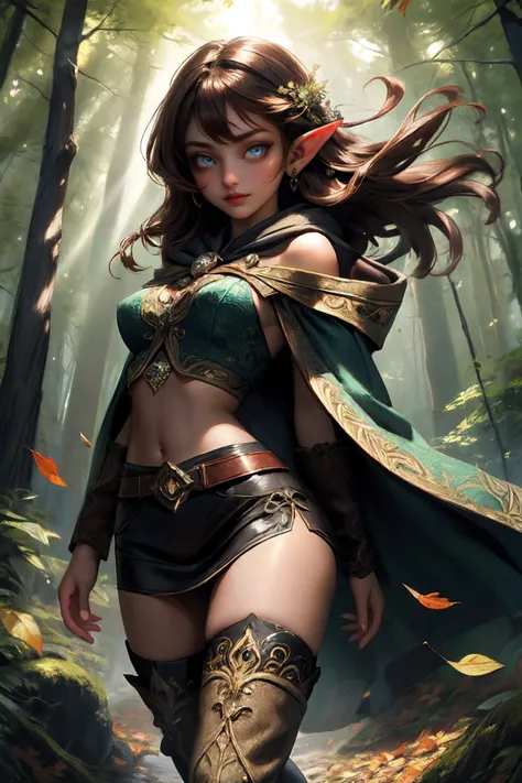 (best quality, masterpiece:1.2), ultra high res, front lighting, intricate detail, Exquisite details and textures, (beautiful detailed eyes), (beautifully detailed face), (detailed skin:1), absurdres, cinematic lighting, dynamic angle, dynamic pose, soft shadows,
elvish girl,
exposed shoulder, midriff, thigh high boots, smooth thighs, wispy brown hair, hooded cloak,
lush overgrown forest, falling leaves, light beams, wind blown,