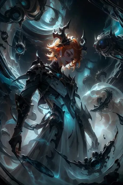 concept art, (1boy, (masterpiece, top quality, best quality, official art, beautiful and aesthetic:1.2), <lora:tool_addDetail:0.6>, (orange hair:1.1), eyelashes, short hair, blue eyes, <lora:Tartaglia:0.9>, <lora:au_d_elete_offset:0.9>, au \(d elete\), white dress, gold jewelry, cloak made of fabric in a starry color, demon horns, background, gloomy sky, (intricate details:0.9), hyperdetailed, complex background, style-swirlmagic, abyssaltech , dark energy, ethereal, dissolving, see-through, abyss, <lora:AbyssalTech:1>:1.1), digital artwork, illustrative, painterly, matte painting, highly detailed