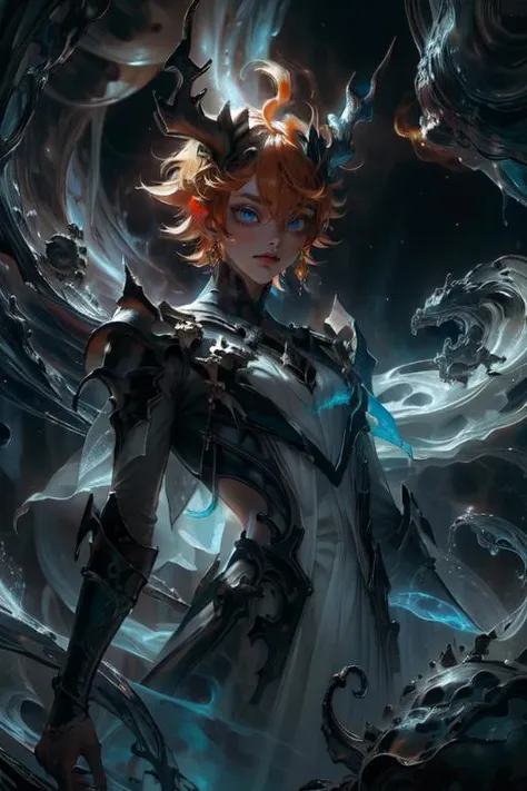 concept art, (1boy, (masterpiece, top quality, best quality, official art, beautiful and aesthetic:1.2), <lora:tool_addDetail:0.6>, (orange hair:1.1), eyelashes, short hair, blue eyes, <lora:Tartaglia:0.9>, <lora:au_d_elete_offset:0.9>, au \(d elete\), white dress, gold jewelry, cloak made of fabric in a starry color, demon horns, background, gloomy sky, (intricate details:0.9), hyperdetailed, complex background, style-swirlmagic, abyssaltech , dark energy, ethereal, dissolving, see-through, abyss, <lora:AbyssalTech:1>:1.1), digital artwork, illustrative, painterly, matte painting, highly detailed