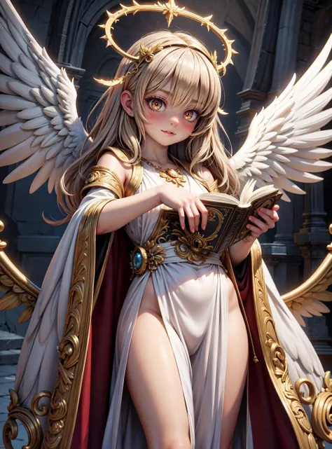 Ultra-realistic 8k CG, masterpiece, best quality, (photorealistic:1.4), absurdres, extremely detailed,
real hair, life-like, horror scene, fantasy setting, dynamic pose,
angel girl holding a bible, glowing halo, ornate robe, white wings,