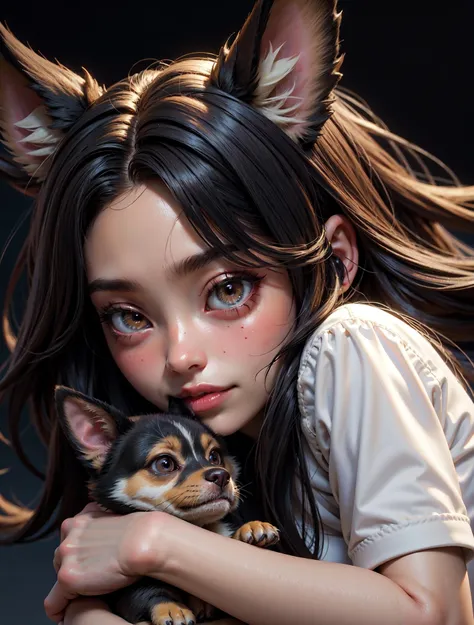 Ultra-realistic 8k CG, masterpiece, best quality, (photorealistic:1.4), absurdres, extremely detailed,
real hair, life-like,
cute girl holding a puppy, dog ears,
black background,