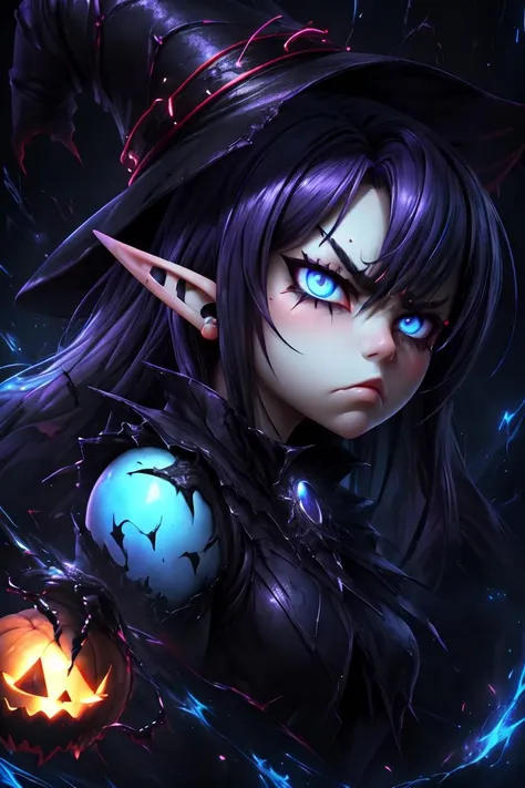 (1girl),(colorful), Post-Production, Intricate, (radiosity), (highest quality),(1girl),(pretty girl), (solo),(detailed face),masterpiece, best quality, highres,Moonlit,mystical,sinister, secret,fluorescent, mushrooms, eerie, pulsating, vibrant, neon, electric, ,fiery,crimsons,otherworldly, shadows, soil, twisted, roots, silhouettes, earth, crimson, scarlet, firmament, spectral,canopy,energy,twilight,portal, vibrant, mesmerizing, light, darkness, jack-o-lantern, orange, theme, witch, hat. <lora:detail_slider_v4:3>,(face close up)<lora:zoom_slider_v1:0.7>,<lora:GreenMoon:0.5>(violet hair),(blue atmosphere:1.5) <lora:emotion_angry_slider_v1:5>,(Elf's ears:1.2),(Closed mouth:1.9) <lora:emotion_happy_slider_v1:-5>