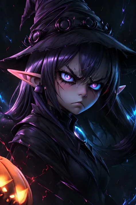 (1girl),(colorful), Post-Production, Intricate, (radiosity), (highest quality),(1girl),(pretty girl), (solo),(detailed face),masterpiece, best quality, highres,Moonlit,mystical,sinister, secret,fluorescent, mushrooms, eerie, pulsating, vibrant, neon, electric, ,fiery,crimsons,otherworldly, shadows, soil, twisted, roots, silhouettes, earth, crimson, scarlet, firmament, spectral,canopy,energy,twilight,portal, vibrant, mesmerizing, light, darkness, jack-o-lantern, orange, theme, witch, hat. <lora:detail_slider_v4:3>,(face close up)<lora:zoom_slider_v1:0.7>,<lora:GreenMoon:0.5>(violet hair),(blue atmosphere:1.5) <lora:emotion_angry_slider_v1:5>,(Elf's ears:1.2),(Closed mouth:1.9) <lora:emotion_happy_slider_v1:-5>