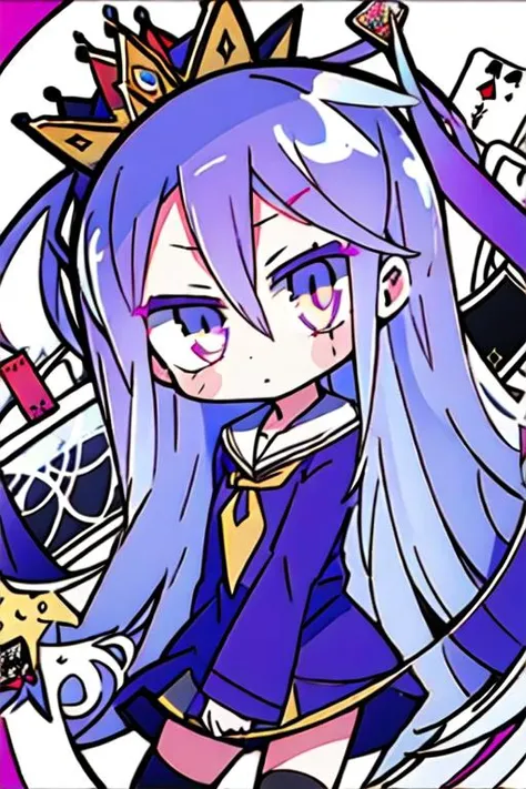 masterpiece, best quality, 1girl, solo,, cowboy shot, looking at viewer, chibi,
Shiro, shiro_(no_game_no_life), No Game No Life, purple clothes, long hair, black thighhighs, crown,cards in background,
<lora:ShiroNGNL2_Lora:0.7>, <lora:teradatera:1>