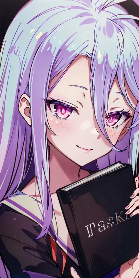 (masterpiece, best quality), intricate details, 1girl, <lora:ShiroNGNL2_Lora:0.6>, shiro, ngnl style, long hair, pink hair, purple clothes, good hands, smile, smiling, eyes, pink eyes, holding, holding book, <lyco:half-closed_eyes:1.0>, half-closed eyes, detailed skin texture, (blush:0.2), (goosebumps:0.3), subsurface scattering, (straight-on, full_body, standing)