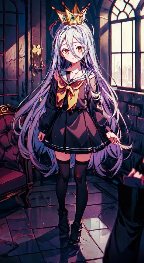 (masterpiece, best quality:1.3), (ultra-detailed:1.2), character focus, high detailed eyes, Shiro, shiro_, (no_game_no_life), No Game No Life, full body pov, black thighhighs, 1girl, (crown), in the stone room, castle, looking at viewer, <lora:ShiroNGNL2_Lora:0.9>, <lora:animeoutlineV4_16:0.3>, <lora:ChromaticAberration:0.3>, <lora:80'sFusion:0.3>, <lora:hyvv_20230804152746:0.2>, <lora:add_detail:0.7>
