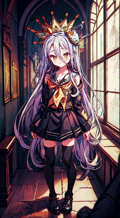 (masterpiece, best quality:1.3), (ultra-detailed:1.2), character focus, high detailed eyes, Shiro, shiro_, (no_game_no_life), No Game No Life, full body pov, black thighhighs, 1girl, (crown), in the stone room, castle, looking at viewer, <lora:ShiroNGNL2_Lora:0.9>, <lora:animeoutlineV4_16:0.3>, <lora:ChromaticAberration:0.3>, <lora:80'sFusion:0.3>, <lora:hyvv_20230804152746:0.2>, <lora:add_detail:0.7>