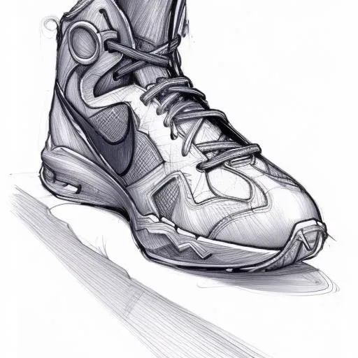 evang, a detailed concept art sketch for a futuristic Nike shoe.