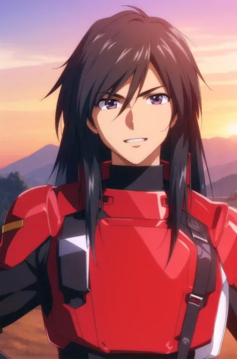 Outdoor,sunset, twilight,, Castle,red_sky,sunlight, sunrise, backlighting,cloud, cloudy_sky,mountainous_horizon, orange_sky,
Standing at attention,(Close-Up),
Red and black outfit,gloves,Black_Long_pants,armor, turtleneck,breastplate,
<lora:Canard_Pars_X_Astray-KK77-V1:0.7>,
black_hair,purple_eyes,Long hair, bangs,hair_between_eyes,
1 man, 20yo,male,Beautiful FingerBeautiful body,Beautiful Nose,Beautiful character design, perfect eyes, perfect face,
looking at viewer,evil_smile,
NSFW,official art,extremely detailed CG unity 8k wallpaper, perfect lighting,Colorful, Bright_Front_face_Lighting,
(masterpiece:1.0),(best_quality:1.0), ultra high res,4K,ultra-detailed,
photography, 8K, HDR, highres, absurdres:1.2, Kodak portra 400, film grain, blurry background, bokeh:1.2, lens flare, (vibrant_color:1.2)