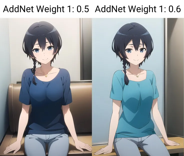 masterpiece, best quality, key visual, 1girl, blue eyes, black hair, short side braid, short hair, pants, kohiruimaki_karen, smile, sit, look at viewer