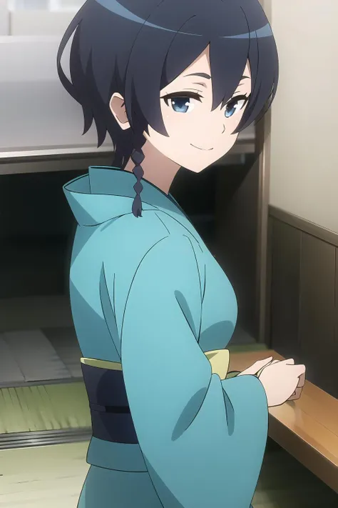 masterpiece, best quality, key visual, 1girl, blue eyes, black hair, short side braid, short hair, wearing kimono, looking at viewer, smile, kohiruimaki_karen