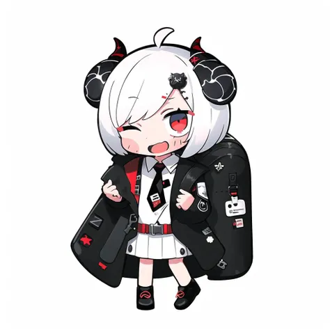chibi, 1girl, one eye closed, horns, red eyes, solo, white hair, shoes, white background, long sleeves, hair ornament, open mouth, blush stickers, shirt, backpack, necktie, collared shirt, white shirt, simple background, bag, full body, red necktie, ahoge, skirt, bangs, white skirt, open clothes, looking at viewer, short hair, jacket ,<lora:tera_v1:1>