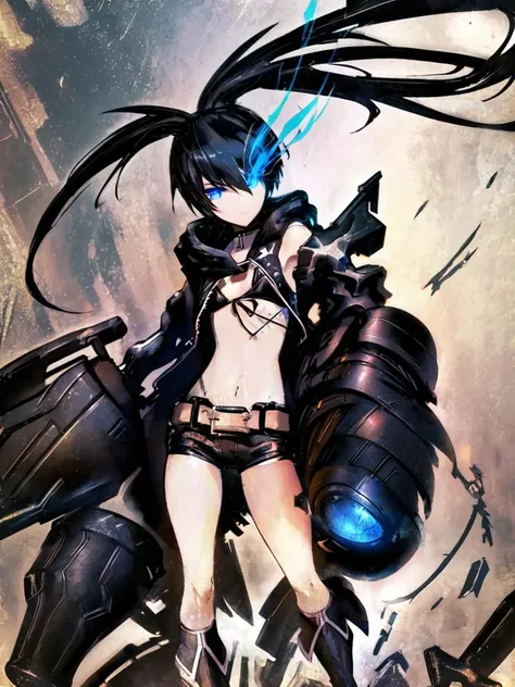 masterpiece, best quality, ultra-detailed, (beautiful detailed face:1.3),detailed background,high quality,extremely detailed,masterpiece, best quality, ultra-detailed, (beautiful detailed face:1.3),detailed background,high quality,extremely detailed,1girl, full body, arm_cannon, bikini, bikini_top, black_hair, black_rock_shooter_\(character\), blue_eyes, boots, chain, coat, flaming_eye, flat_chest, glowing, jacket, letterboxed, long_hair, midriff, scar, shorts, solo, swimsuit, twintails, weapon