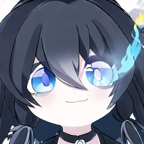 masterpiece,best quality,chibi,light smile,close-up,white background,<lora:Blue Archive Chibi Style:0.9>,<lora:blaock_rock_shooter015_anything_centmix3_gostmix:1>,black rock shooter (character),black_hair,blue_eyes,(twintails:1.4),uneven_twintails,expressionless,black_hair,blue_eyes,coat,collar,flat_chest,front-tie_top,(flaming eye:1.5),