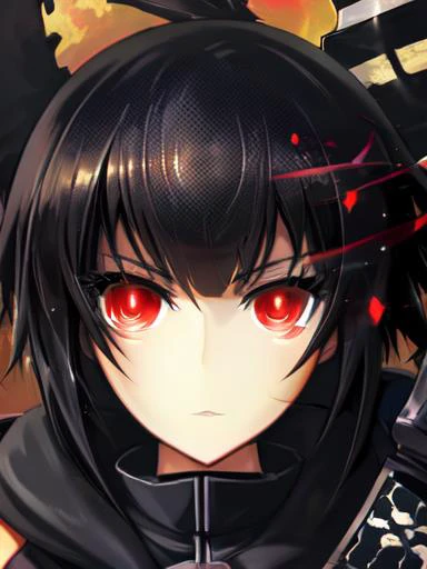 masterpiece, best quality, ultra-detailed, (beautiful detailed face:1.3),detailed background,high quality,extremely detailed,masterpiece, best quality, ultra-detailed, (beautiful detailed face:1.3),detailed background,high quality,extremely detailed,1girl, black_hair, black_legwear, chain, dress, katana, long_hair, red_eyes, solo, sword, thighhighs, weapon, zettai_ryouiki