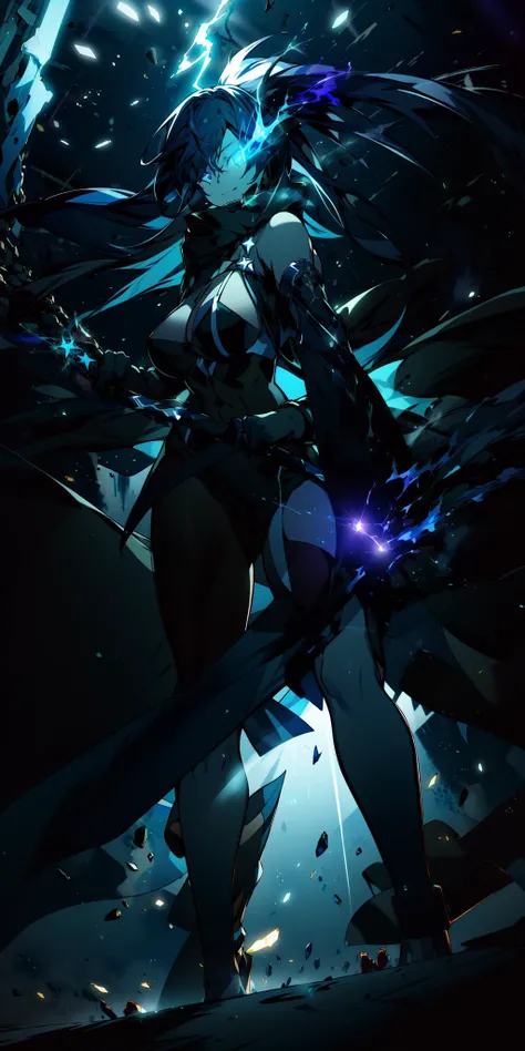 (mature female, wide hips, huge breasts:1.3), solo focus, female focus,1girl, black rock shooter (character), masterpiece, choker, fur_collar, fur_trim, gloves, glowing, holding, holding_sword, holding_weapon, long_hair, looking_at_viewer, smile, solo, sword, weapon, (backlighting:1.4), (glowing eyes:1.3), electricity,