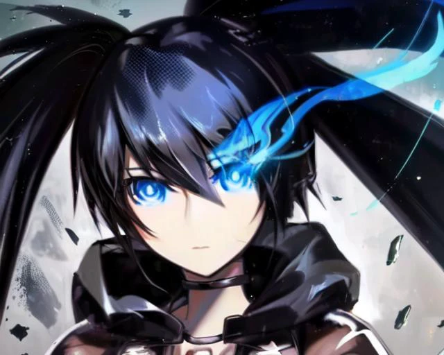 masterpiece, best quality, ultra-detailed, (beautiful detailed face:1.3),detailed background,high quality,extremely detailed,masterpiece, best quality, ultra-detailed, (beautiful detailed face:1.3),high quality,extremely detailed, 1girl, bangs, bikini, bikini_top, black_hair, black_rock_shooter_\(character\), blue_eyes, blurry, chain, coat, depth_of_field, glowing, hair_between_eyes, jacket, long_hair, looking_at_viewer, shorts, solo, swimsuit, twintails