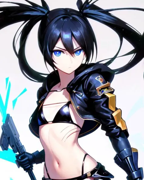 masterpiece, best quality, ultra-detailed, (beautiful detailed face:1.3),high quality,extremely detailed, no background, 1girl, upper body, arm_cannon, black_hair, bikini, bikini_top,beautiful blue eyes, midriff, boots, black jacket, flat_chest, knee_boots, long_hair, pale_skin, scar, shorts, solo, swimsuit, twintails, uneven_twintails, weapon, white background,machine
