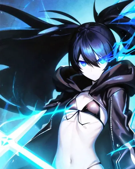masterpiece, best quality, ultra-detailed, (beautiful detailed face:1.3),high quality,extremely detailed, no background, 1girl, arm_cannon, bikini, bikini_top, black_hair, black_rock_shooter_\(character\), blue_eyes, boots, coat, flaming_eye, flat_chest, front-tie_top, glowing, glowing_eye, hood, jacket, long_hair, midriff, pale_skin, scar, shorts, solo, swimsuit, sword, twintails, very_long_hair, weapon, machine