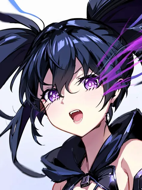masterpiece, best quality, ultra-detailed,detailed background,beautiful detailed face,high quality,extremely detailed,1girl, open mouth, black rock shooter (character),disorder,arm cannon,earth,purple eyes,armer,black hair,