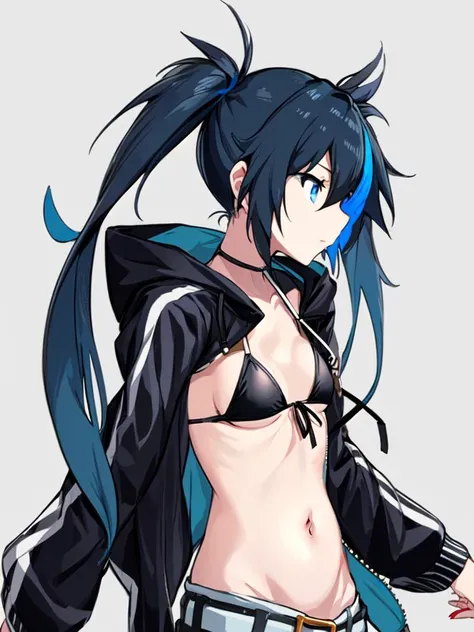 1girl, solo, long hair, black hair, black rock shooter (character), twintails, swimsuit, bikini, blue eyes, front-tie top, black bikini, upper body, bikini top only, front-tie bikini top, navel, open clothes, floating hair, jacket, bangs, star (symbol), midriff, hood, closed mouth, breasts, small breasts, from side, hair between eyes, ribbon, open jacket, coat, neck ribbon, profile