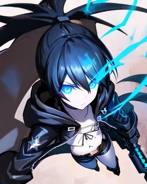 masterpiece, best quality, ultra-detailed, (beautiful detailed face:1.3),high quality,extremely detailed, no background, 1girl, arm_cannon, bikini, bikini_top, black_hair, black_rock_shooter_\(character\), blue_eyes, boots, coat, flaming_eye, flat_chest, front-tie_top, glowing, glowing_eye, hood, jacket, long_hair, midriff, pale_skin, scar, shorts, solo, swimsuit, sword, twintails, very_long_hair, weapon, machine