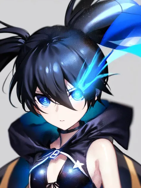 1girl, black rock shooter (character),disorder,arm cannon, star,upper body,