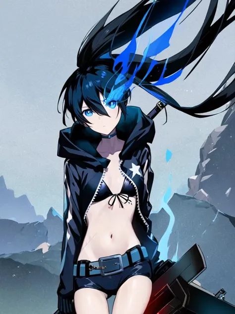 1girl, black rock shooter (character),eapon,blue fire,arm cannon, sword,