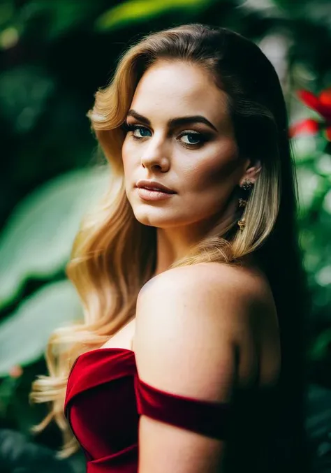 adele_v1.3 (sharp focus:1.2), photo, attractive young woman, (beautiful face:1.1), detailed eyes, luscious lips, (bold red lip colour:0.85), (medium breasts:1.0), (slim body:1.2), (long hair:1.2), wearing (peplum dress:1.2) in a (botanical garden:1.2). (moody lighting:1.2), depth of field, bokeh, 4K, HDR. by (James C. Christensen:1.2|Jeremy Lipking:1.1).