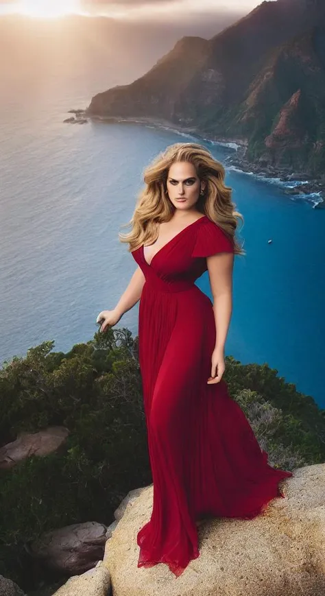 adele_v1.3 (sharp focus:1.2), photo, attractive young woman, (beautiful face:1.1), detailed eyes, luscious lips, (smokey eye makeup:0.85), (medium breasts:1.0), (athletic body:1.2), (wavy hair:1.2), wearing (maxi dress:1.2) on a (cliffside:1.2). (moody lighting:1.2), depth of field, bokeh, 4K, HDR. by (James C. Christensen:1.2|Jeremy Lipking:1.1).