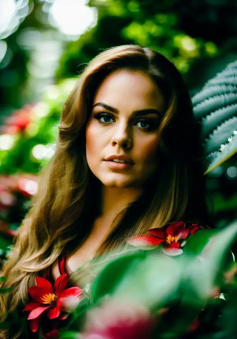 adele_v1.3 (sharp focus:1.2), photo, attractive young woman, (beautiful face:1.1), detailed eyes, luscious lips, (bold red lip colour:0.85), (medium breasts:1.0), (slim body:1.2), (long hair:1.2), wearing (peplum dress:1.2) in a (botanical garden:1.2). (moody lighting:1.2), depth of field, bokeh, 4K, HDR. by (James C. Christensen:1.2|Jeremy Lipking:1.1).
