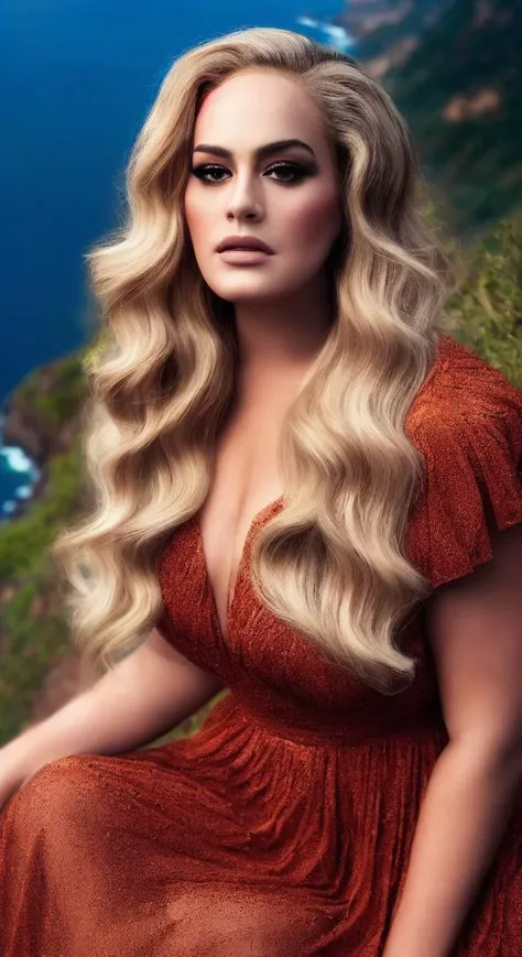 adele_v1.3 (sharp focus:1.2), photo, attractive young woman, (beautiful face:1.1), detailed eyes, luscious lips, (smokey eye makeup:0.85), (medium breasts:1.0), (athletic body:1.2), (wavy hair:1.2), wearing (maxi dress:1.2) on a (cliffside:1.2). (moody lighting:1.2), depth of field, bokeh, 4K, HDR. by (James C. Christensen:1.2|Jeremy Lipking:1.1).