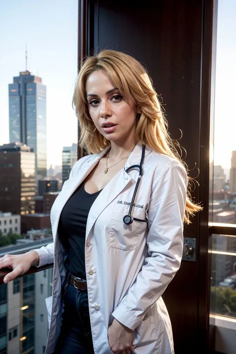 beauty photo of AlyssaLynn, blonde hair, (wearing doctor outfit:1.3), skyscraper, upper body, golden hour, eye level, <lora:AlyssaLynn:1>