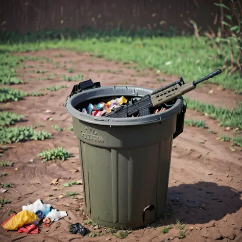 a rifle in a trash can, l85,