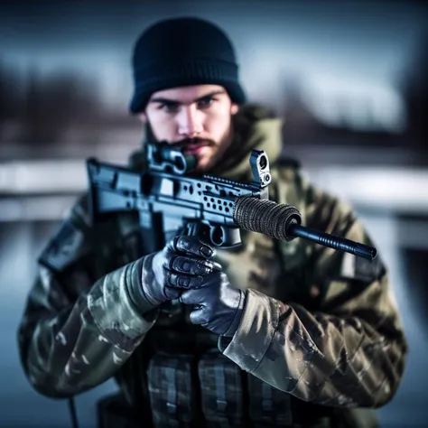 multiple boys, holding weapon, facial hair, scope, blurry, fingerless gloves, military, reflection, male focus, photo background