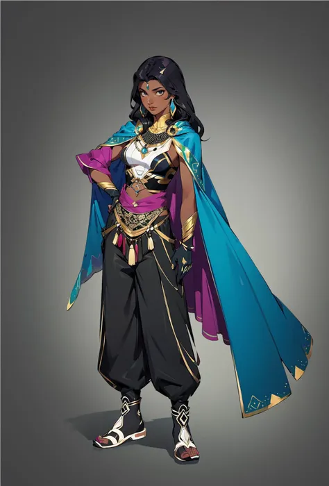 Concept art, hand-drawn drawings, Persian costumes, exotic styles, original character designs, solo, genderswap, 1girl, dark skin, long hair, genderswap (mtf), dark-skinned female, jewelry, black hair, earrings, full body, breasts, multicolored hair, standing, pants, arjuna (fate), grey background, medium breasts, simple background, gloves, starry sky print, cape
<lora:Exotic:0.8>,<lora:bichu-v0612:0.6>,