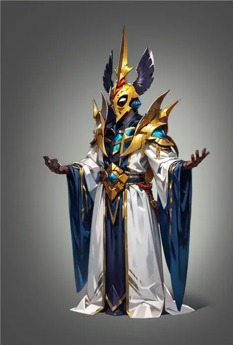 Concept art, hand-drawn drawings, Egyptian costumes, original character designs, solo, male focus, 1boy, grey background, standing, full body, robe, wide sleeves, mask, glowing, helmet, gradient background
<lora:Exotic:0.8>,<lora:bichu-v0612:0.6>,