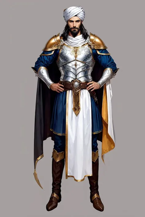 Concept art, character design, Persian style, solo, 1boy, male_focus, hat, full_body, cape, facial_hair, standing, boots, armor, simple_background, beard, black_background, hand_on_hip, white_cape, white_hair, white_headwear, long_sleeves, shoulder_armor, mustache, brown_footwear, turban<lora:Exotic:0.5>,<lora:GoodHands-vanilla:1>,