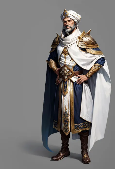 Concept art, hand-drawn drawings, Persian costumes, exotic styles, original character designs, solo, 1boy, male focus, hat, full body, cape, facial hair, standing, boots, armor, simple background, beard, black background, hand on hip, white cape, white hair, white headwear, long sleeves, shoulder armor, mustache, brown footwear, turban<lora:Exotic:0.8>,