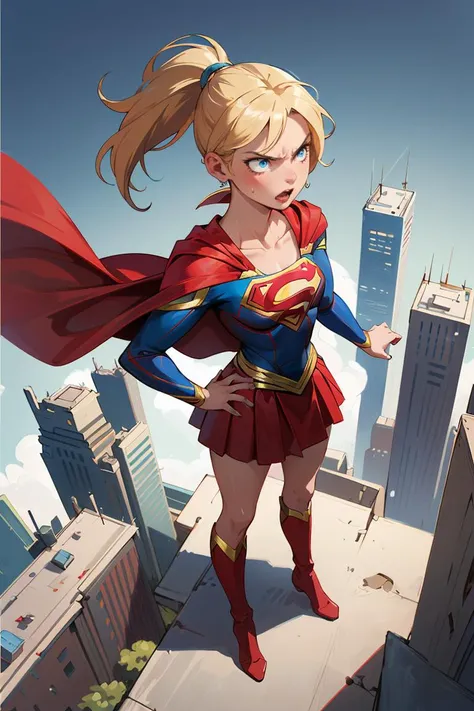 Concept art,hand-drawn drawings,Persian costumes,exotic styles,original character designs,solo,long hair,1girl,(supergirl),blonde ponytail,blue eyes,petite,red cape,red skirt,red boots,blue top,small breasts,exposed collarbone,exposed neck,exposed waist,flying above cityscape,angry,sweatdrop,looking away,<lora:Exotic:0.6>,<lora:GoodHands-vanilla:1>,