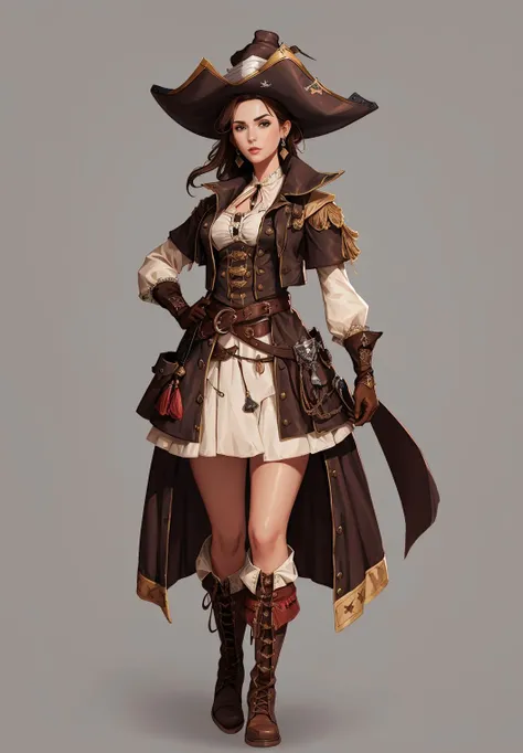 concept art, hand drawn paper, western clothing style, original character design, 1 girl, solo, breasts, hat, gloves, jewelry, full body, earrings, belt, brown hair, looking at the audience, standing, boots, pirate hat, gray background, room, brown gloves, pirate, simple background, skirt, parted lips