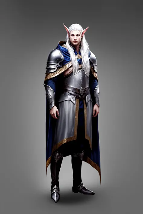 Concept Art, Game Characters, Original Design, European Style, Point Ears, 1boy, Solo, Armor, Male Focus, Standing, Cape, Long Hair, Full Body Elf, White Hair, Gray Background, Boots, Cloak, Simple Background, <lora:Exotic:0.7>