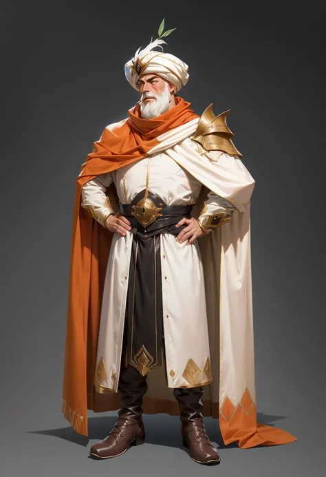 Concept art, character design, Persian style, solo, 1boy, male_focus, hat, full_body, cape, facial_hair, standing, boots, armor, simple_background, beard, black_background, hand_on_hip, white_cape, white_hair, white_headwear, long_sleeves, shoulder_armor, mustache, brown_footwear, turban<lora:Exotic:0.8>,